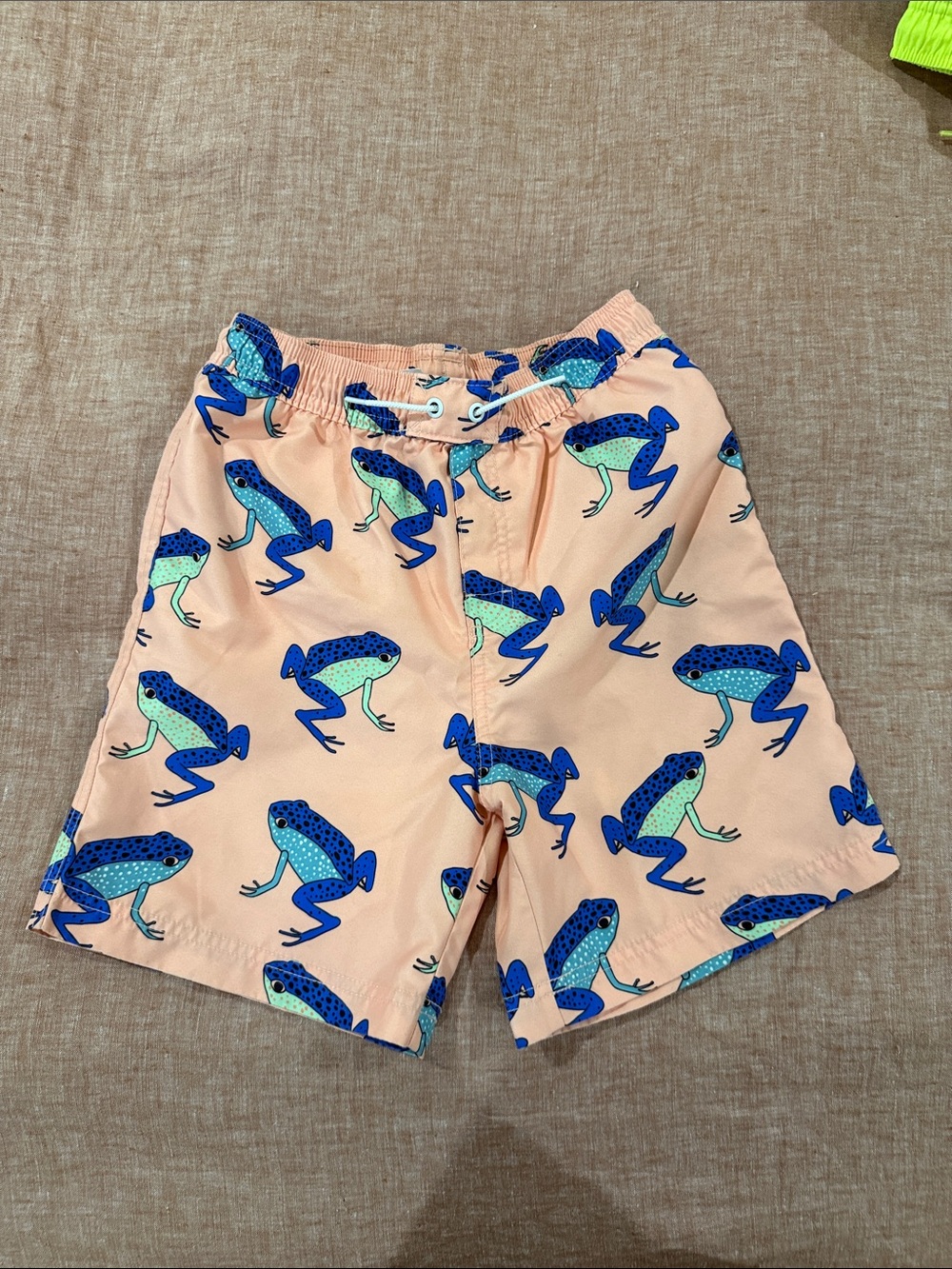 Tea Collection Peach Swim Shorts with Blue & Aqua Frog Pattern